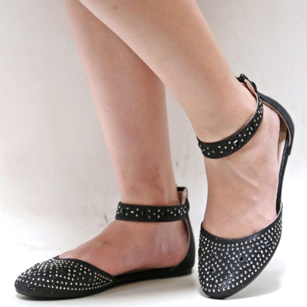 New Black Rhinestone Mary Jane Ballet Flats